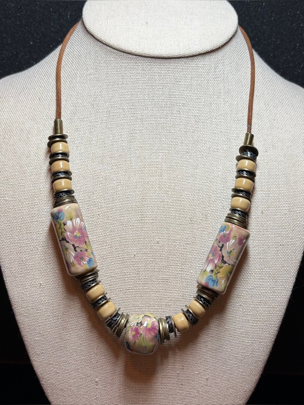 Hand Painted Floral Ceramic Bead Statement Necklace